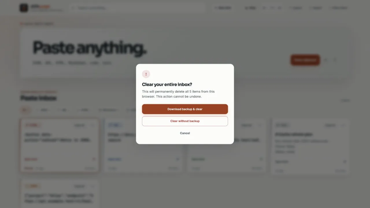 The Clear inbox confirmation with options to download a backup, clear without a backup or cancel.
