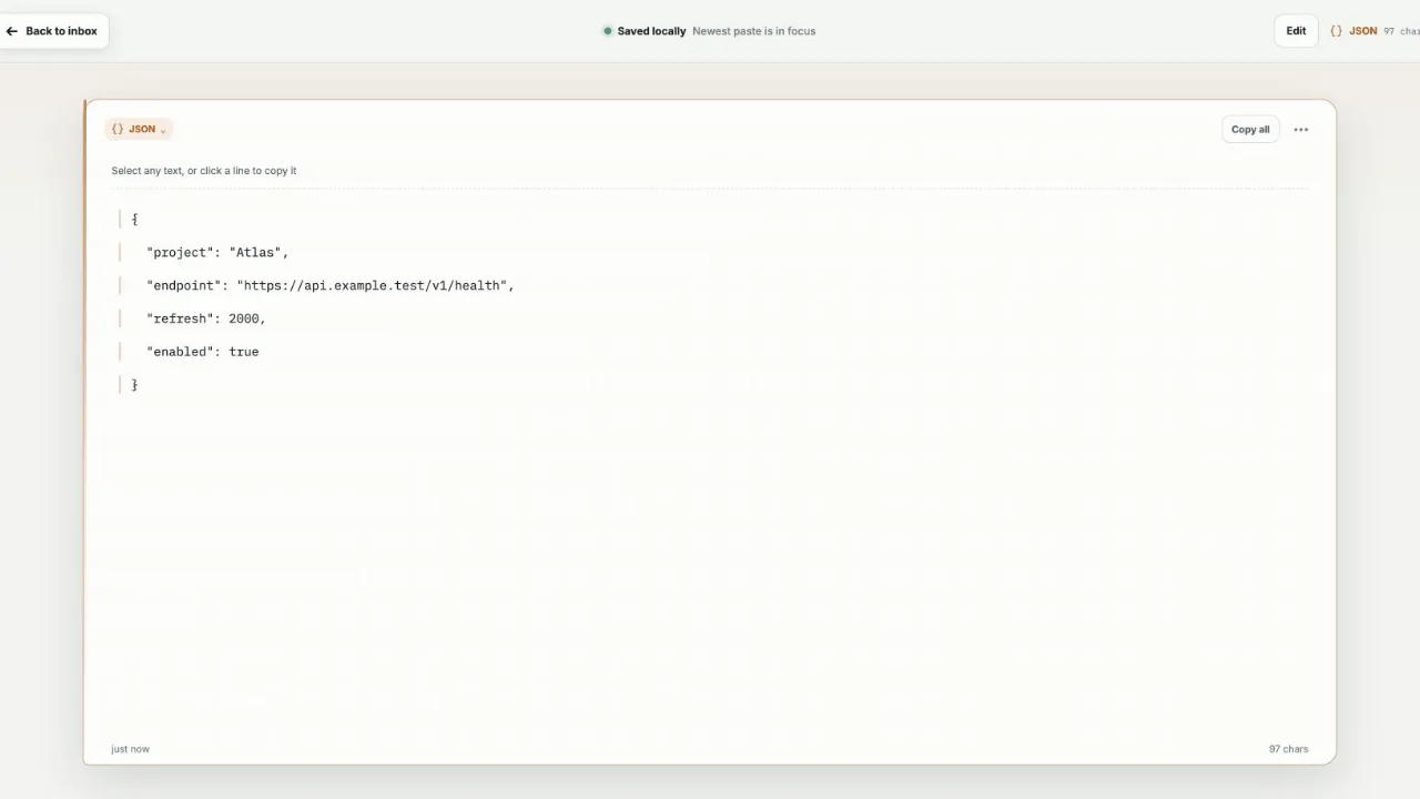 A JSON item open in ctrlv.page with its type, Copy all button and copyable lines visible.
