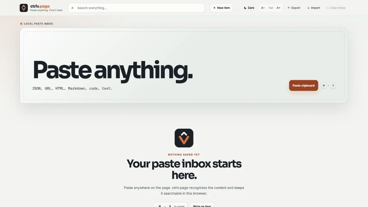 The Paste anything area above an empty ctrlv.page inbox.