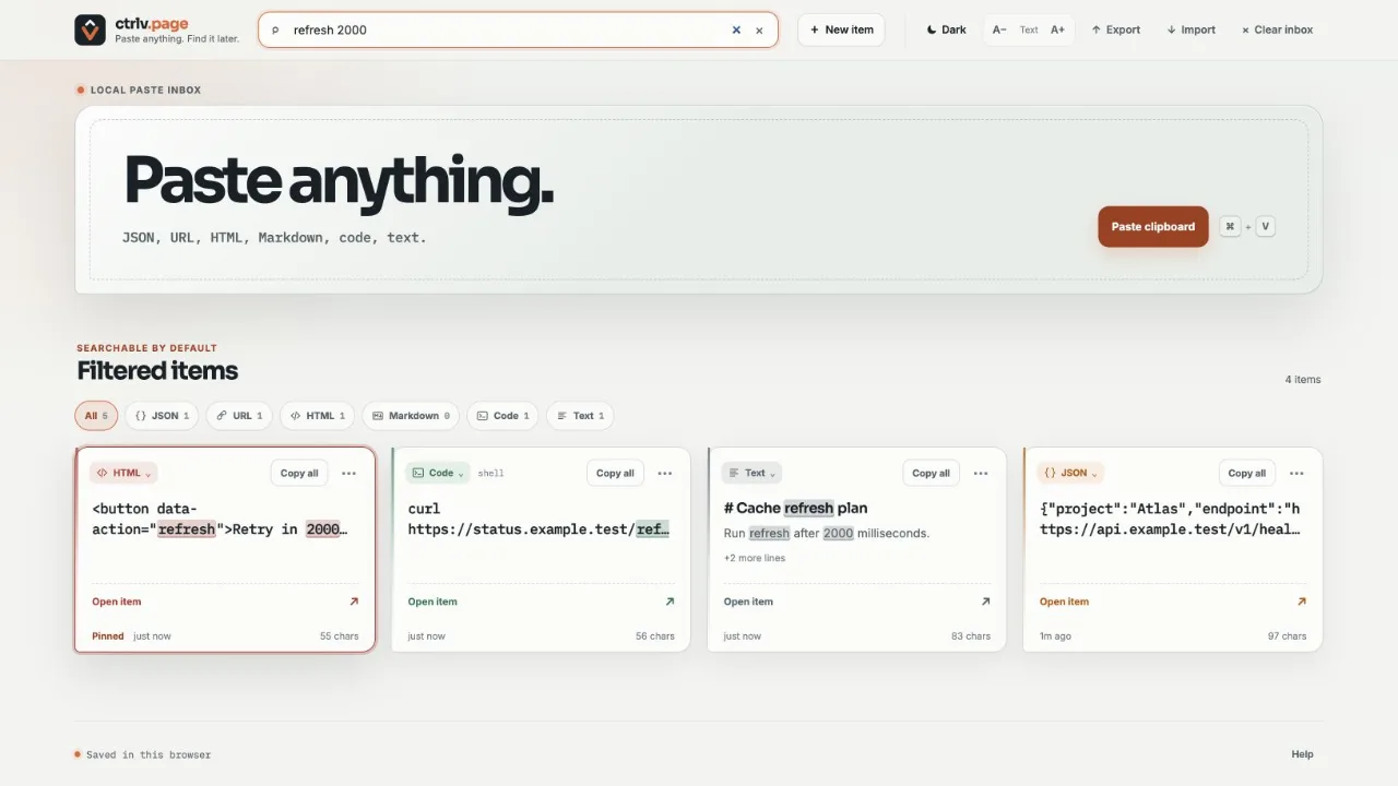 Search results with matching words highlighted and type filters above the cards.