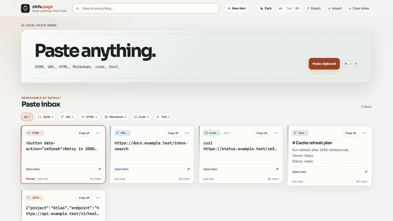 The ctrlv.page workspace controls with Export, Import and Clear inbox actions in the header.